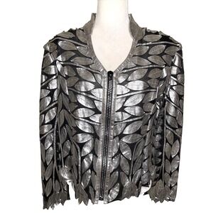 Image Womens  Leather/ Mesh Jacket XL Silver Leaf Metallic Zip  Art To Wear